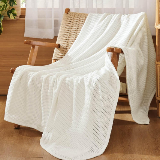 100% Cotton Blanket Twin for Bed - Breathable and Lightweight, Soft Cozy White Basket Woven Blanket for Summer