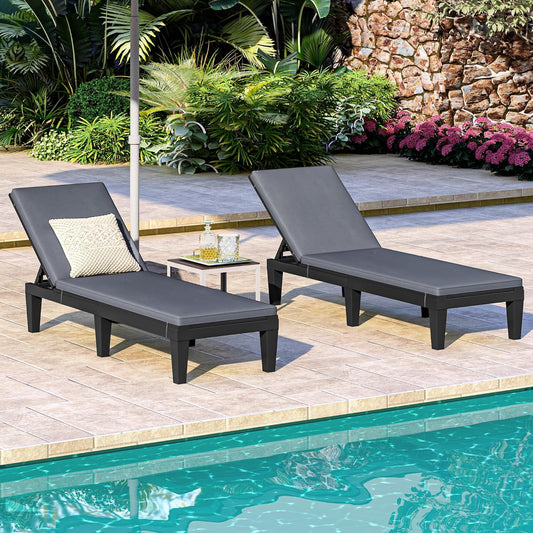 Outdoor Chaise Lounge Chairs Set of 2 with Cushions, 5-Level Adjustable Backrest, Lightweight Patio Chairs