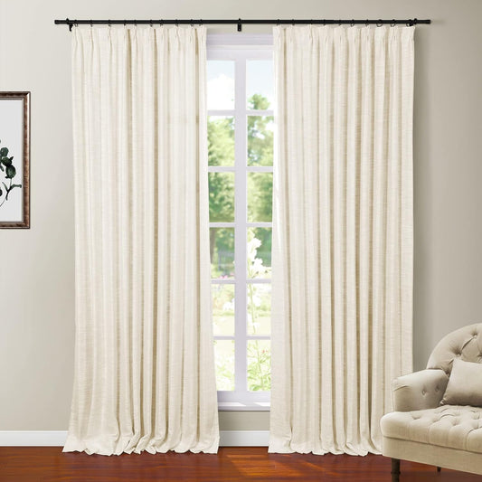 Polyester Linen Blackout Ivory Curtain for Living Room Thermal Insulated Drape with Pinch Pleat and Back Tab Top Window Treatment Curtain